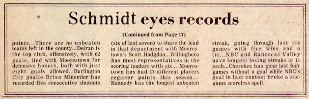 Gig Schmidt Eyes Scoring Records, Burlington County News Paper, 1978